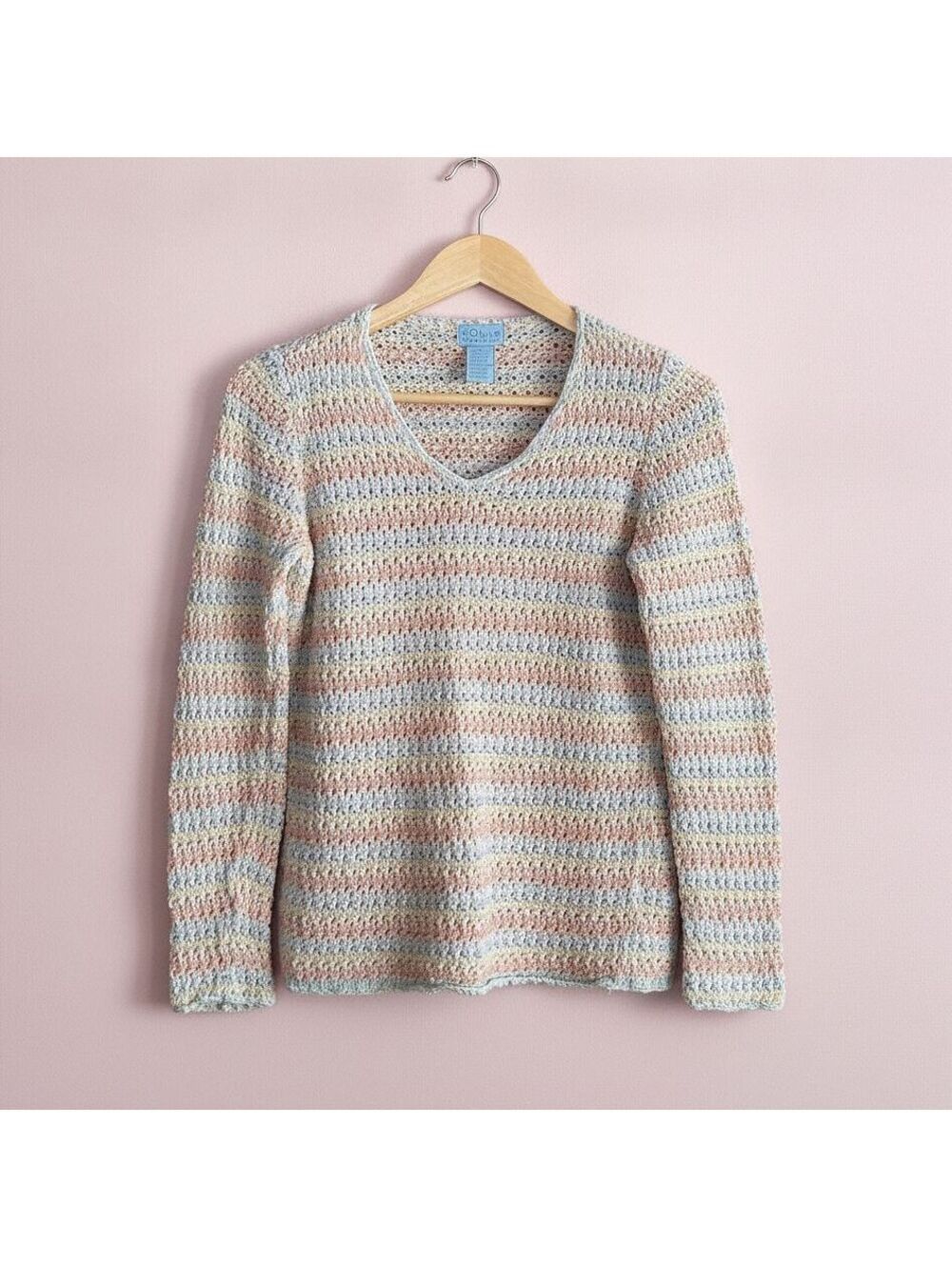 Sigrid Olsen Coastal Grandmother Crochet Knit Sweater V-Neck Cotton Size Small